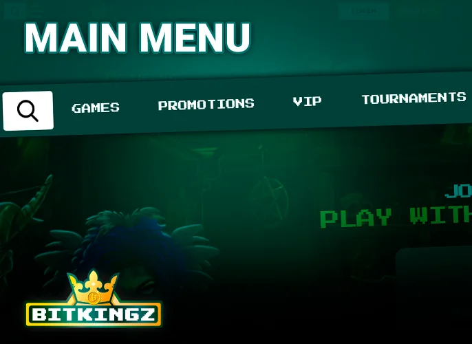 Main navigation menu featuring a search bar on the Bitkingz Casino website