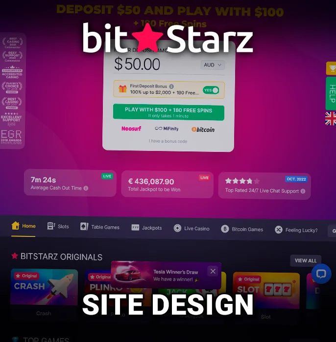 Design overview of the BitStarz Casino Site – finding your way across sections.