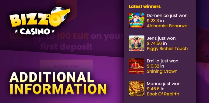 Snapshot of recent winners at Bizzo Casino and the welcome promotion visual