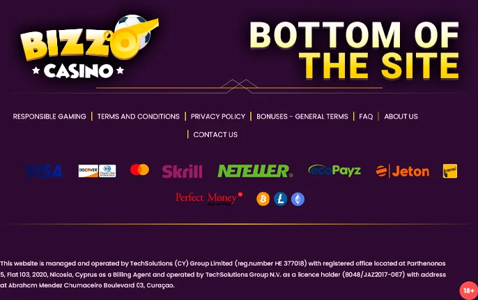 Bizzo Casino's footer with essential links and payment system logos