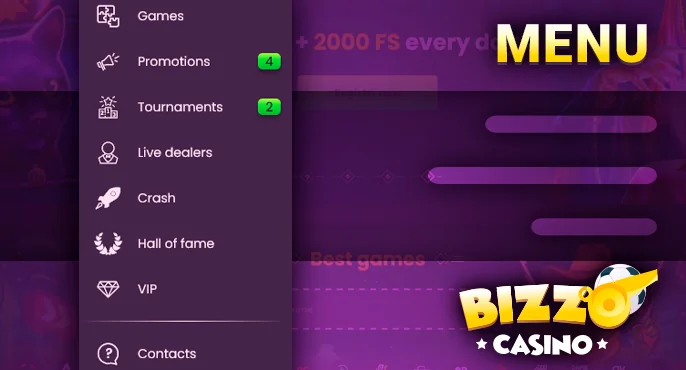 Side panel on Bizzo Casino with essential user navigation links