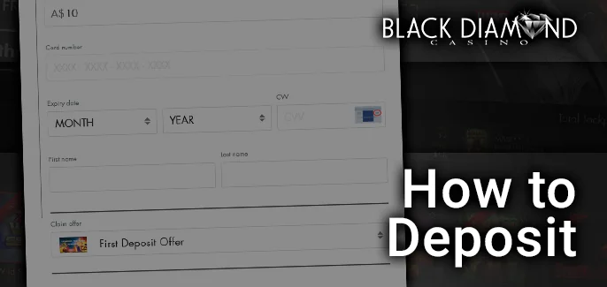 Black Diamond Casino's deposit interface for AUD currency