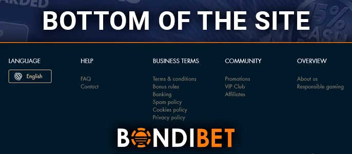 Bottom Navigation on BondiBet Casino’s Site with Key Links & Language Options