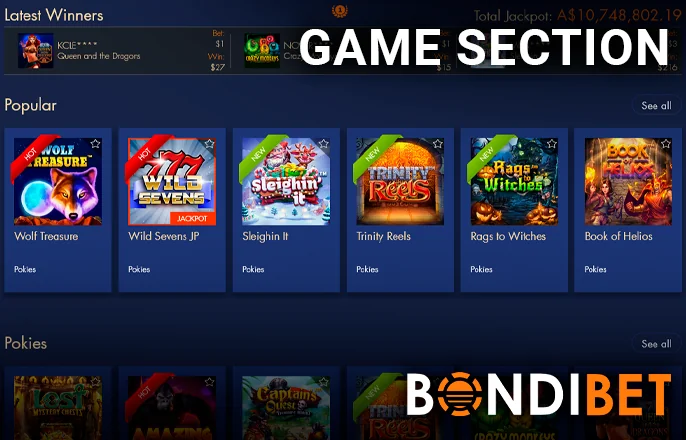 BondiBet Casino Gaming Zone Showcasing Latest Winners and Games