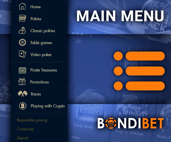 Main Navigation Menu for Players on BondiBet Casino Website