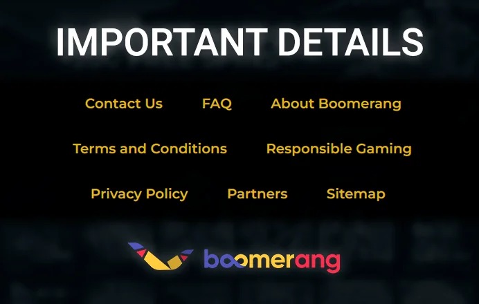 Menu with Important Resources on Boomerang Casino