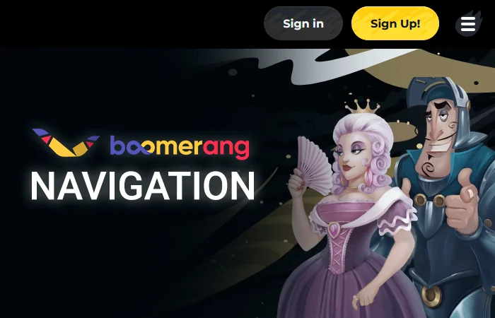 Boomerang Casino: Menu highlights with login and registration buttons