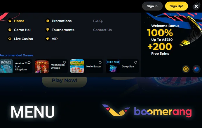 Main Menu Navigation on Boomerang Casino