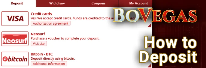 Deposit funds to BoVegas Casino with these straightforward instructions.