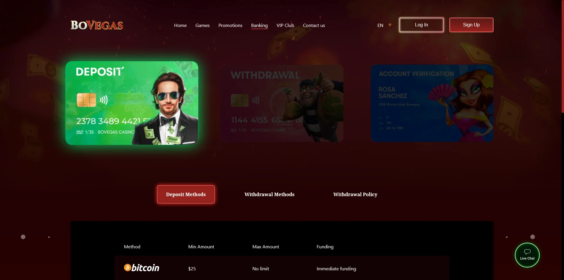 BoVegas Casino Banking information page screenshot