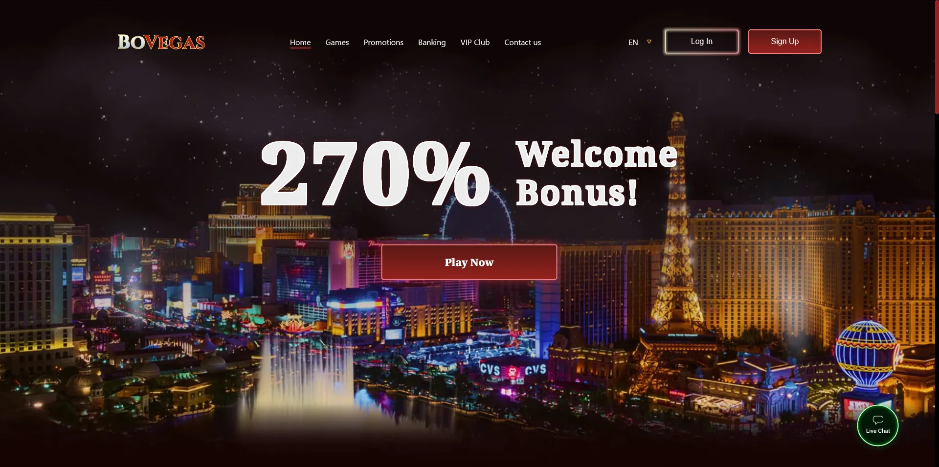 A visual of the BoVegas Casino homepage interface