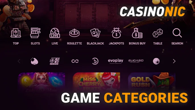 Casinonic's game categories and search facility