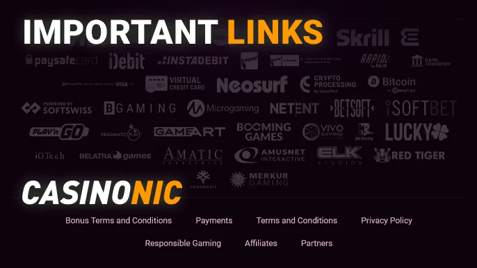 Key links and provider logos adorn the bottom of the Casinonic site