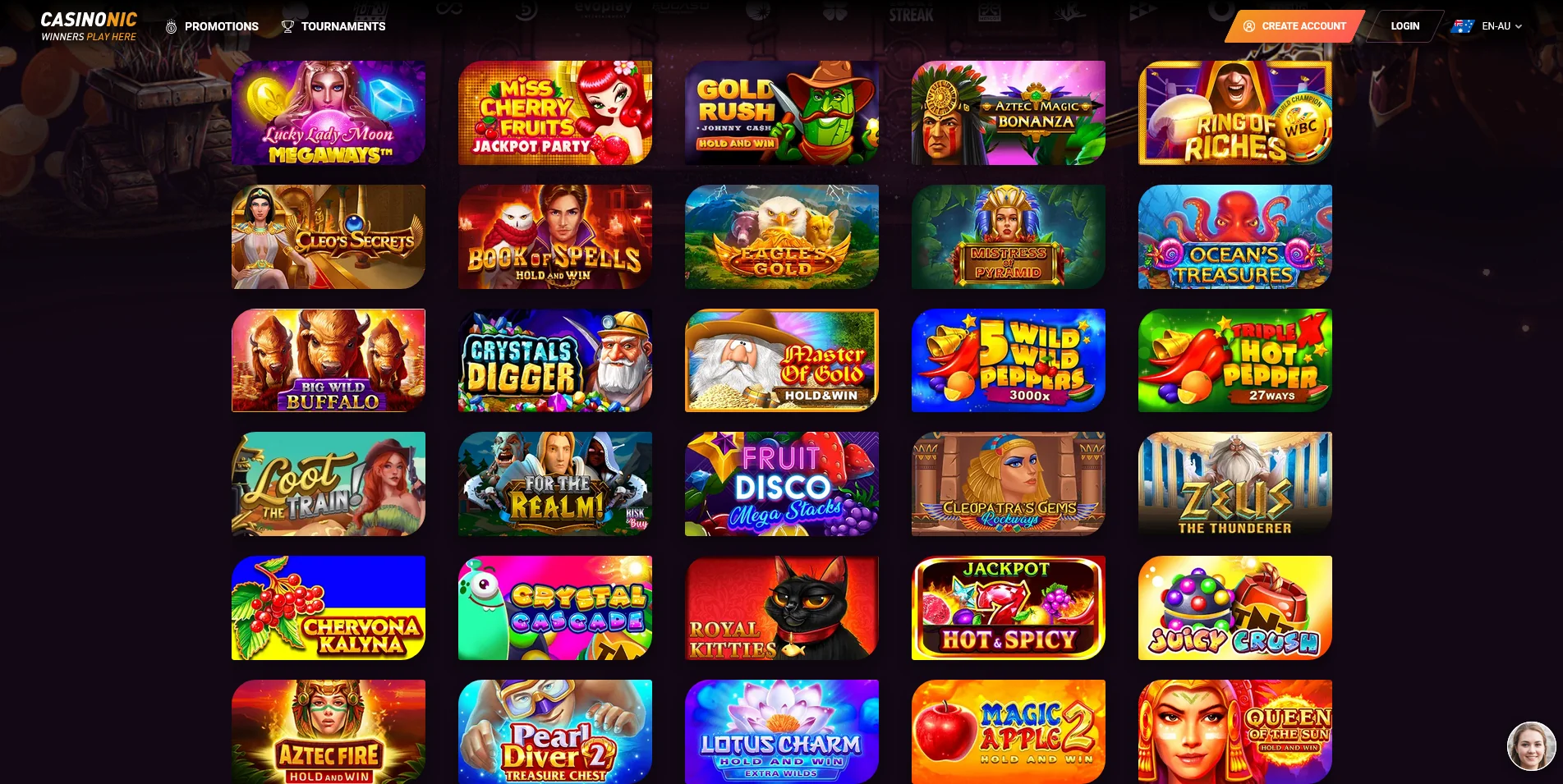 Visual glimpse of Casinonic's real money gaming options