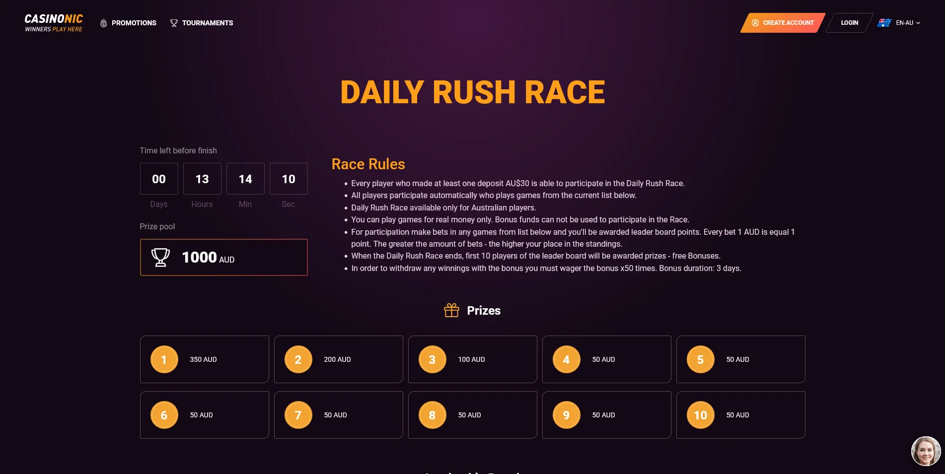 Overview of the Casinonic Tournament Information page