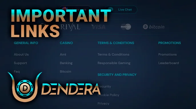 Essential Links in the Footer of the Dendera Casino Website Featuring Payment Logos