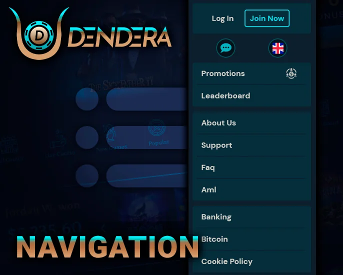Main Navigation Menu of Dendera Casino with Direct Links and Registration Button