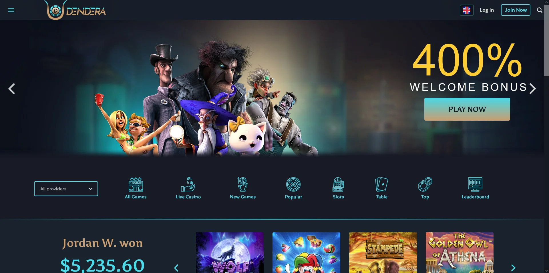 A Glimpse of the Dendera Casino Homepage