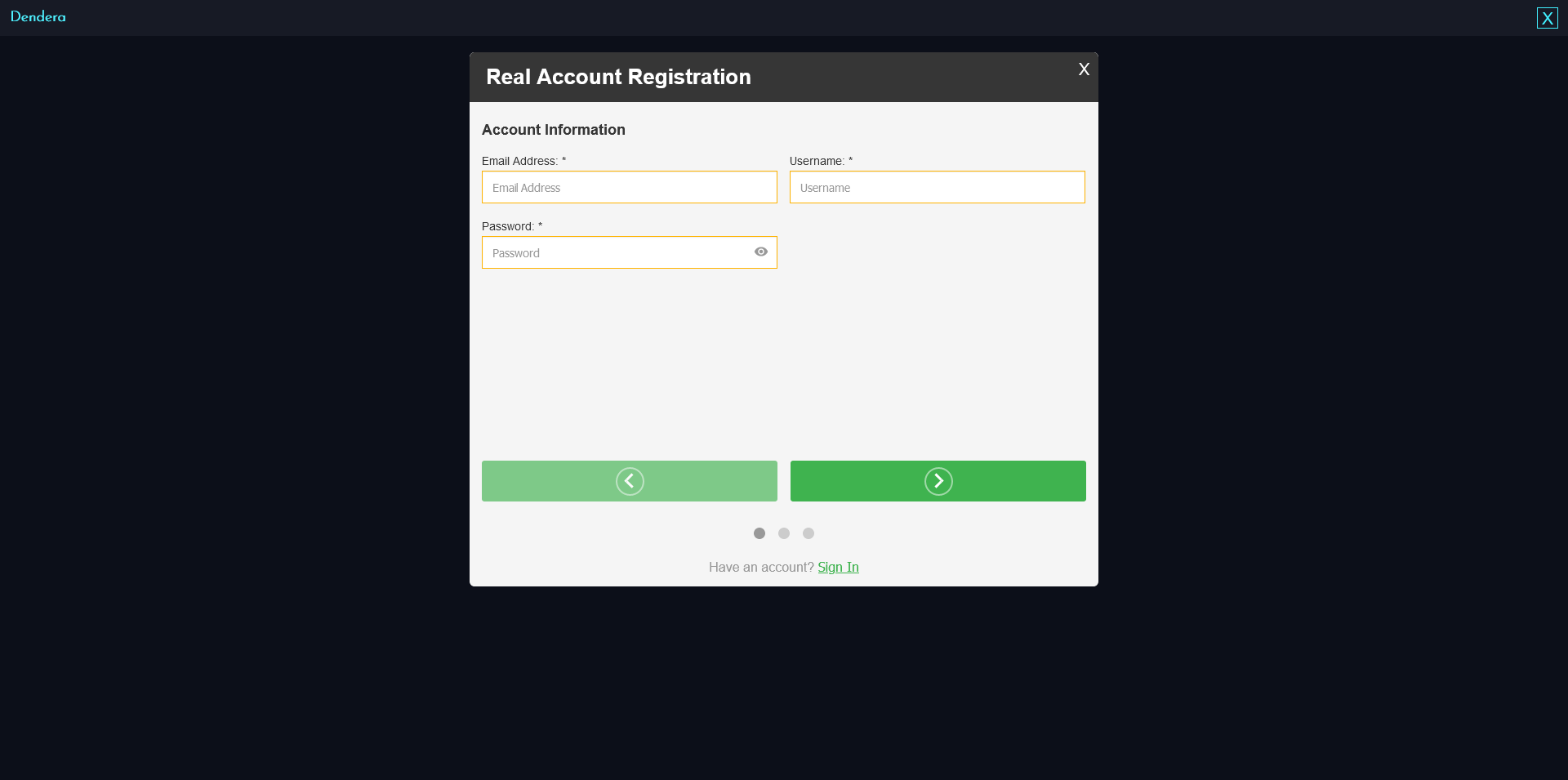 Dendera Casino's Registration Page Visual