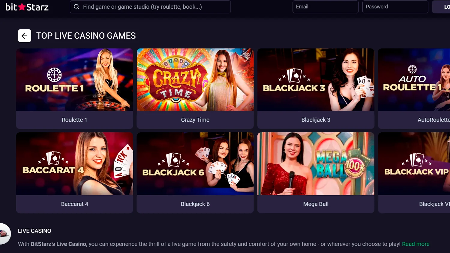 Find excitement at the live casino section on the BitStarz website, accompanied by their logo.