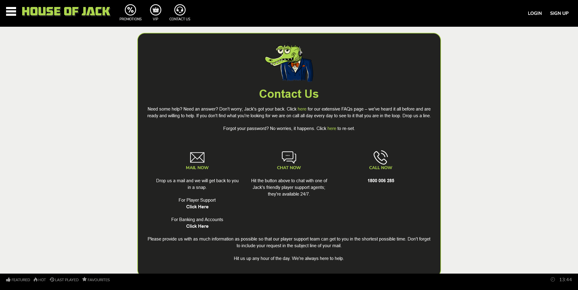 A snapshot of the House of Jack Casino contact page