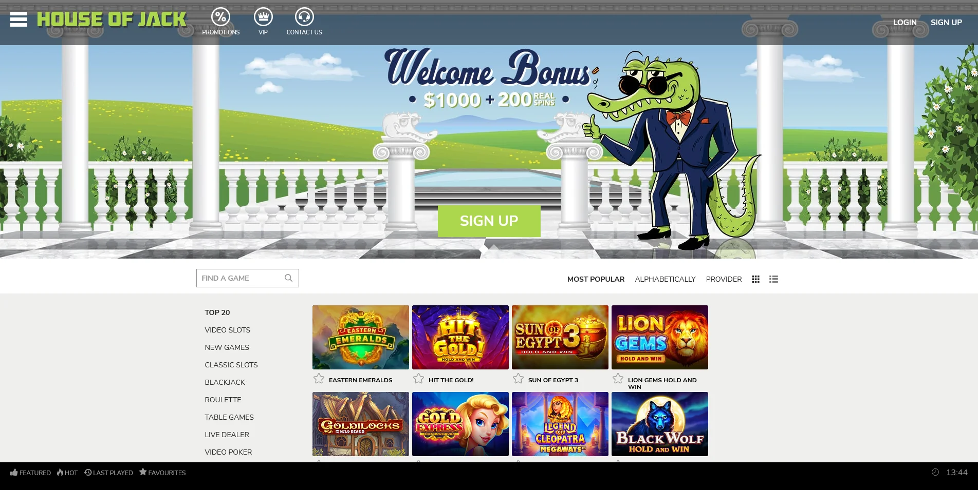 A glimpse of the House of Jack Casino homepage