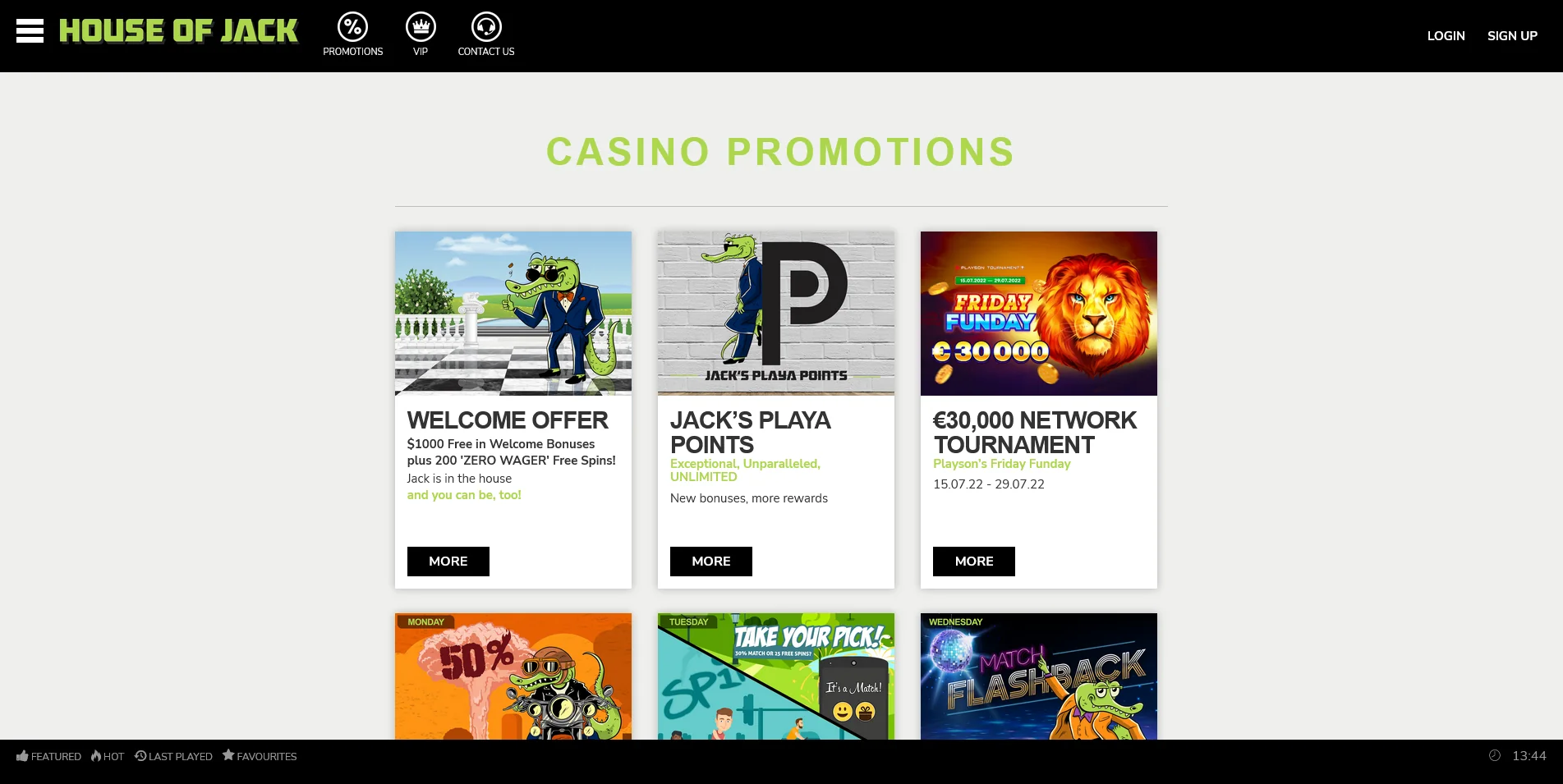 An overview of the House of Jack Casino promotions page