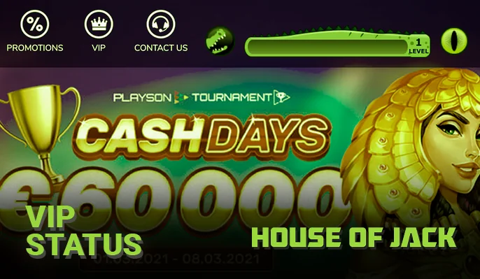 The VIP status tracker is prominently displayed within the site's menu at House of Jack Casino.