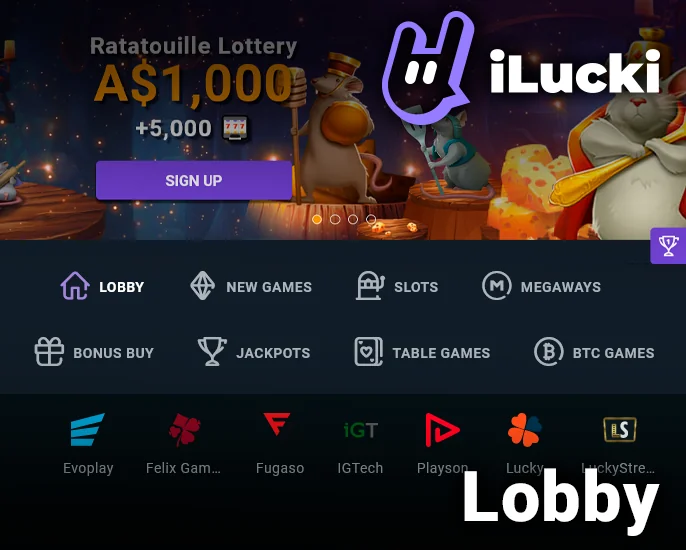 Dive into the gambling zone at iLucki Casino with a lineup of categories and promotional banners.
