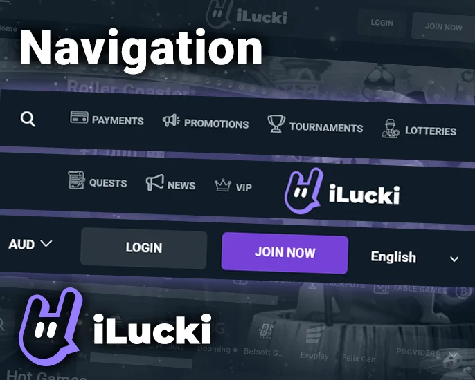 Navigation menu on the iLucki Casino website with login and language options.