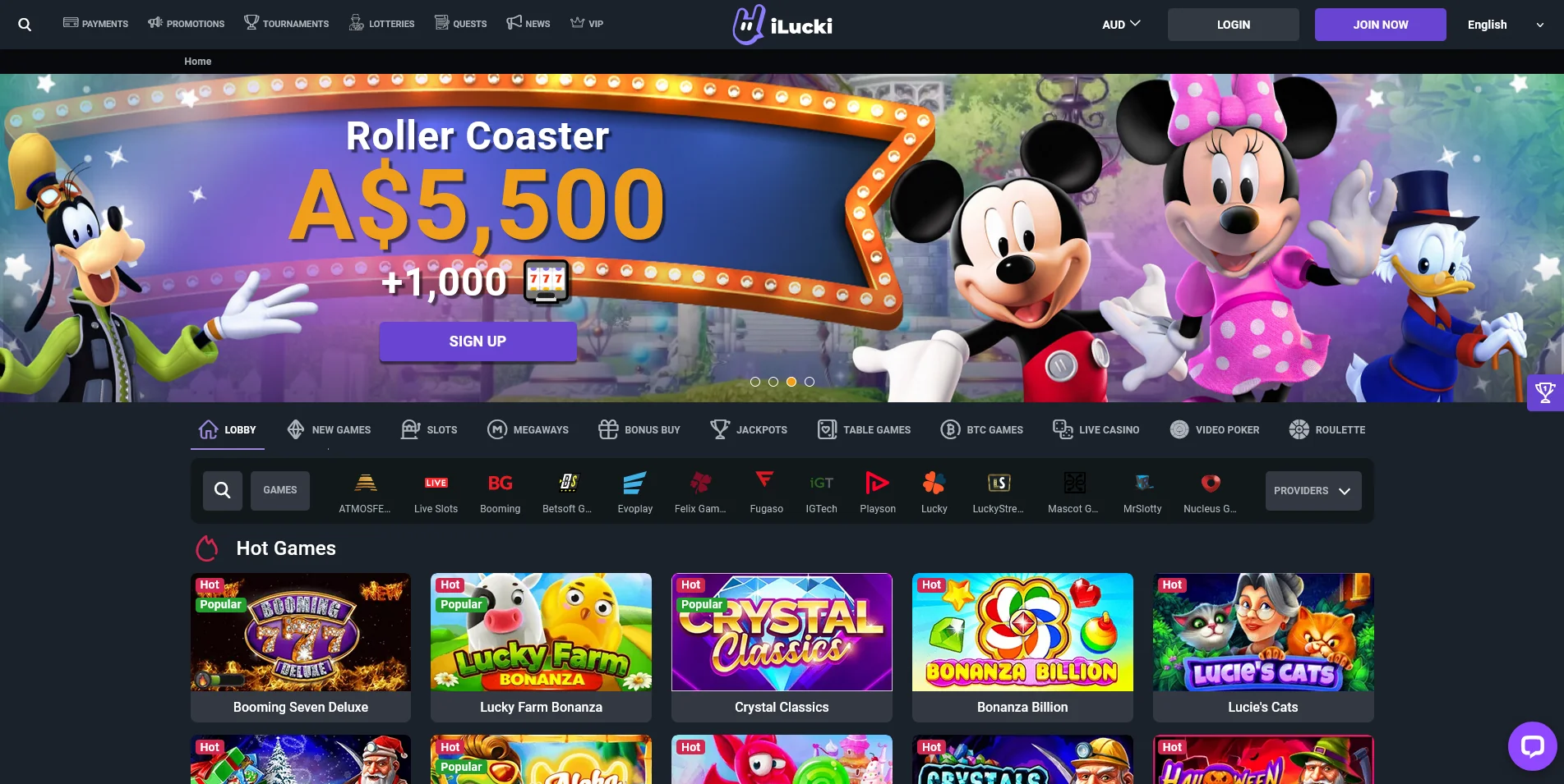 A look at the iLucki Casino homepage.