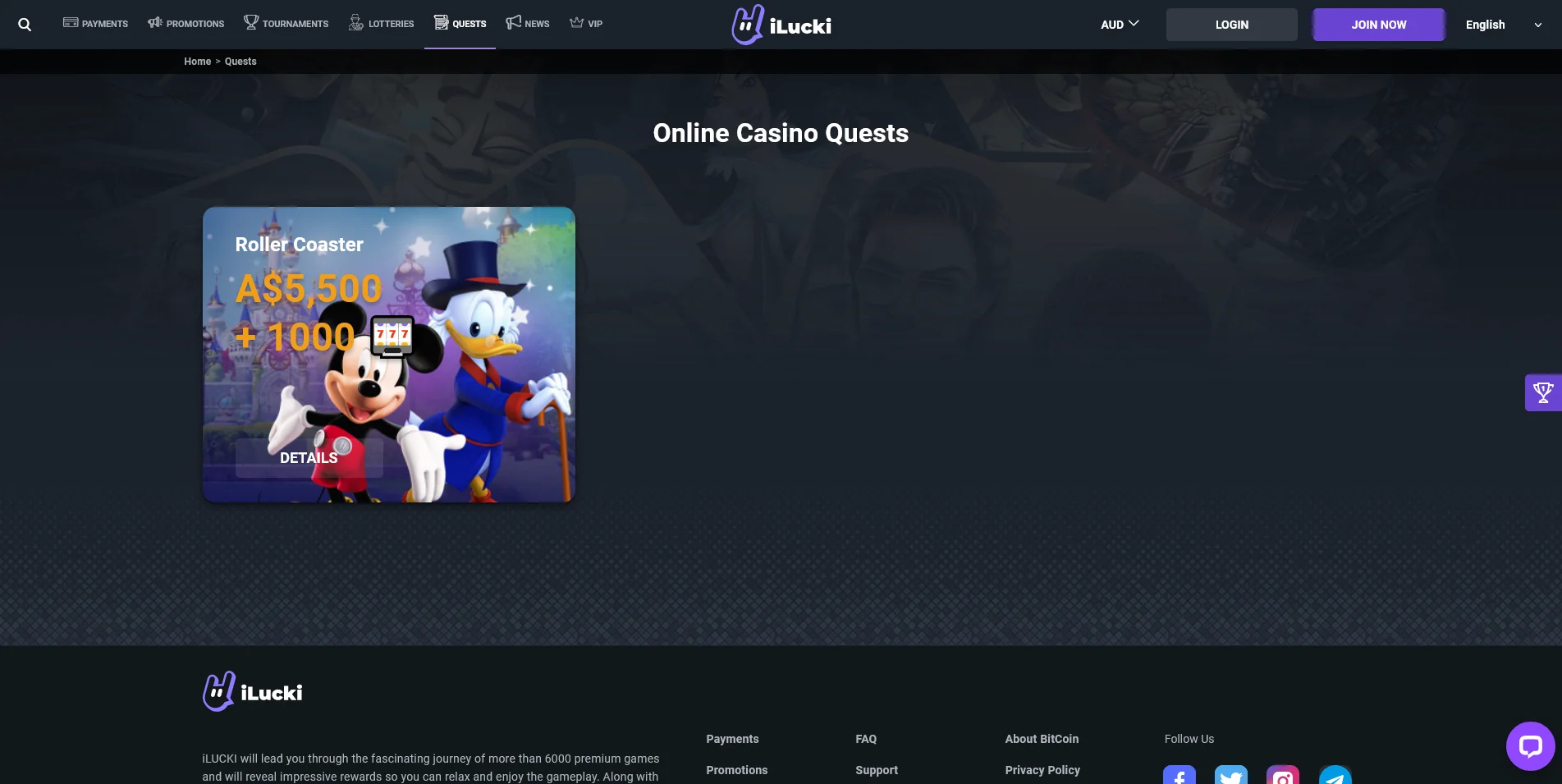 A preview of the iLucki Casino Quest information page.