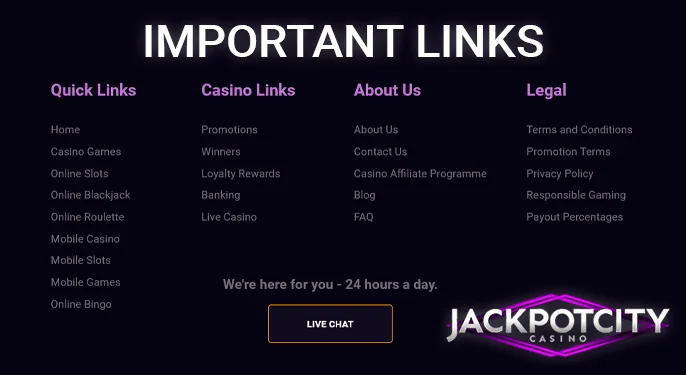 Explore the bottom menu comprising critical links on the JackpotCity Casino website.
