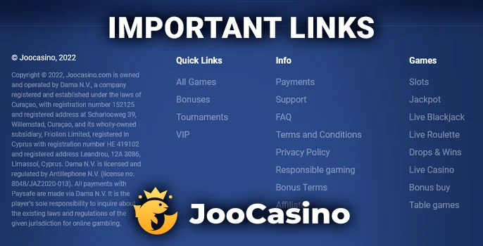 Explore important navigation links at the end of the Joo Casino website