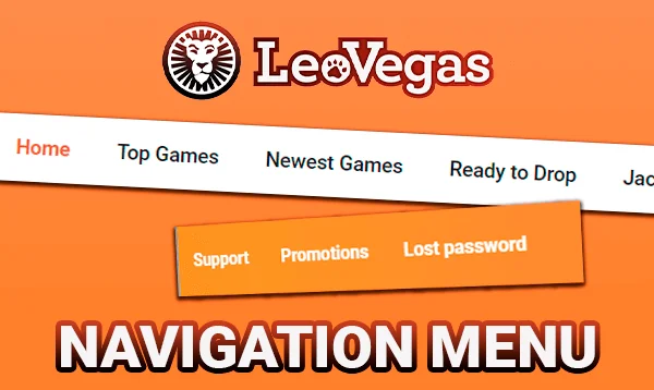 Explore navigation menus on the LeoVegas website.