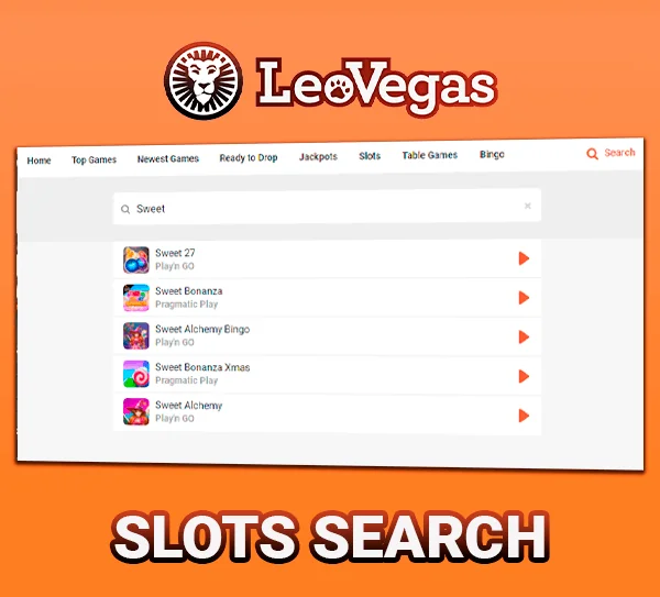 Discover the slots search feature on the LeoVegas Casino website.