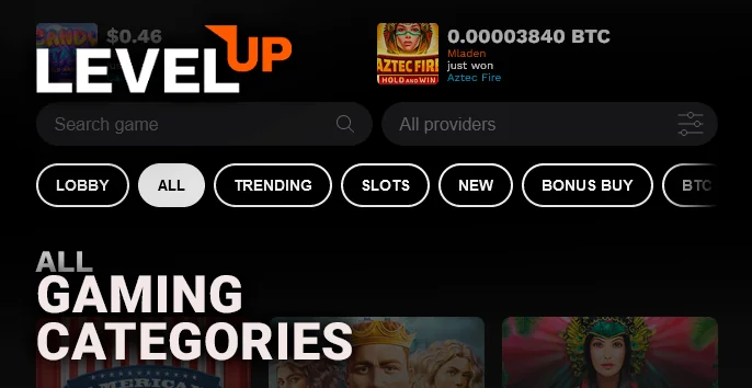 At the base of the LevelUp Casino website, essential links and software provider logos unveil themselves.