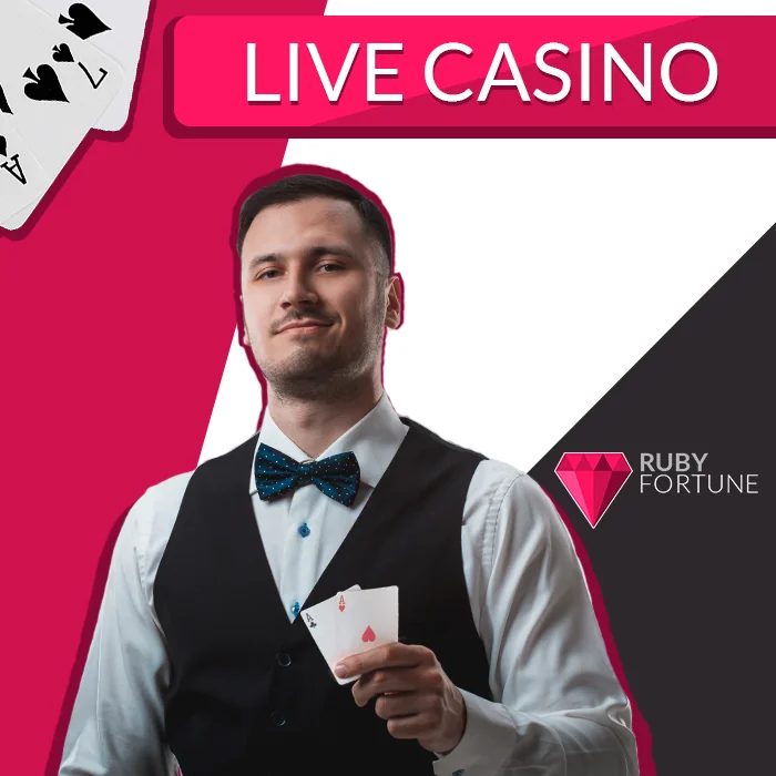 Showcasing a dealer holding cards emblazoned with the Ruby Fortune logo