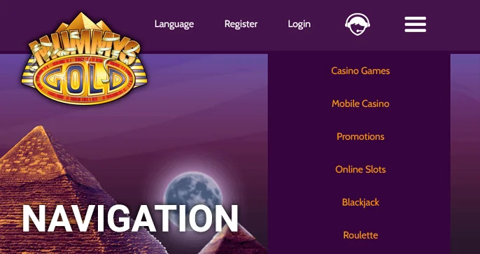 Essential Links Menu at Mummy's Gold Casino