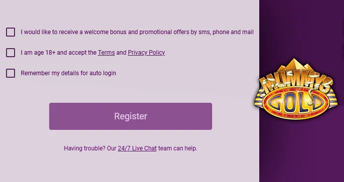 Checkbox Agreement for Terms at Mummy's Gold Casino