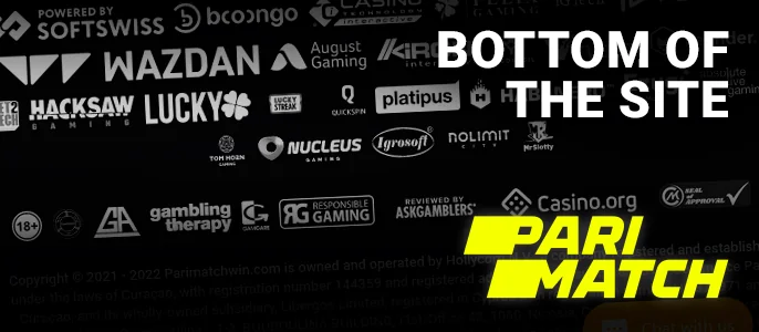 Closing out the Parimatch Casino website with info on its partners and payment systems