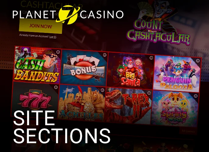 Navigating the sections of Planet 7 Oz Casino site