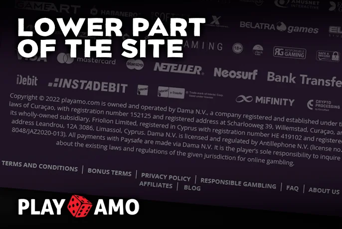 Conclusion of the PlayAmo Casino webpage with prominent icons and provider logos