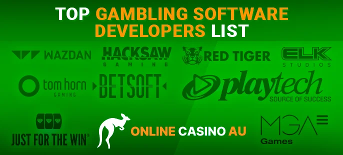 Logos of eminent gambling developers providing for casinos, alongside the online-casinoau brand logo.