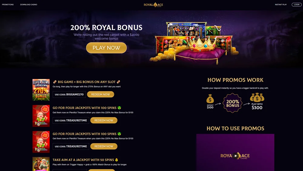 Stay informed about bonuses straight from Royal Ace Casino's bonus page.