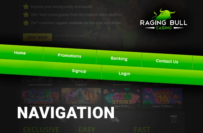 Navigate Raging Bull Casino's site with ease using essential links.