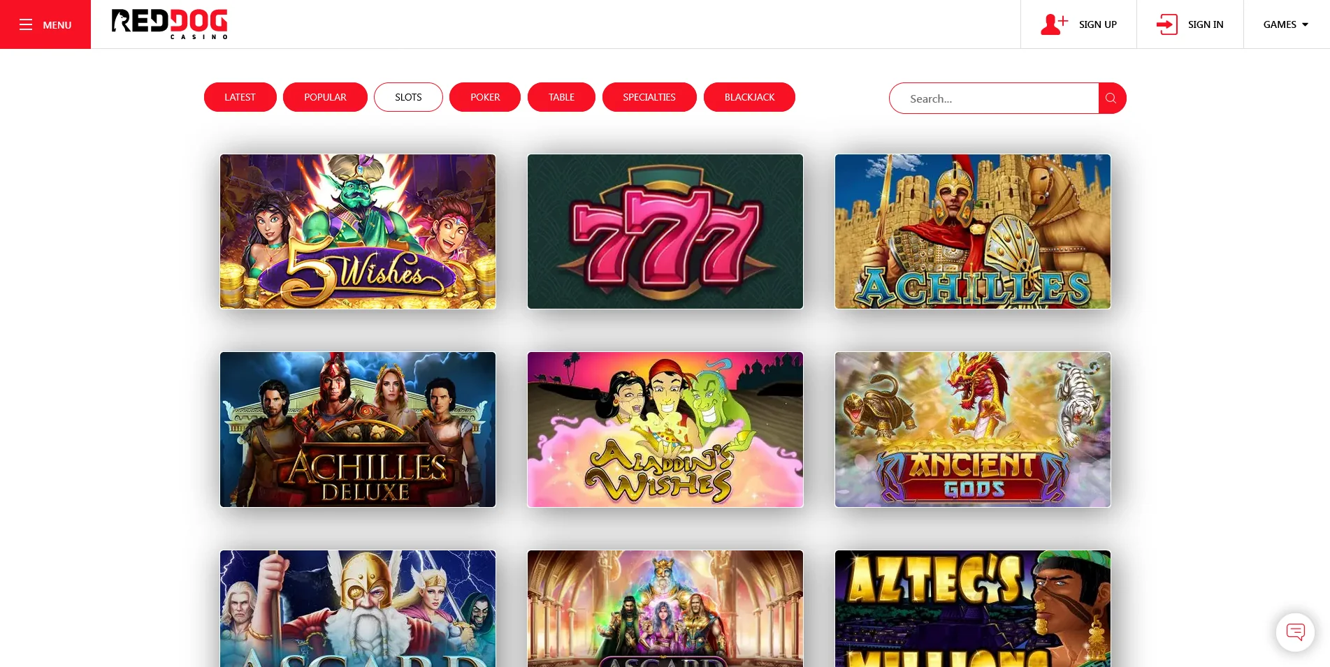 Snapshot of the Real Money Gaming Section on RedDog Casino