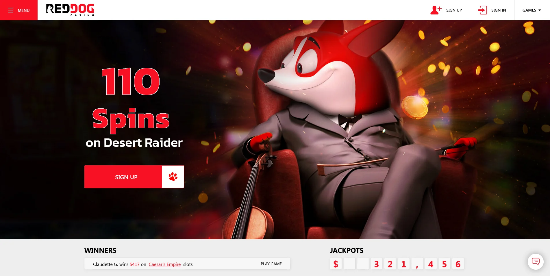 Visuals of the RedDog Casino's Main Homepage