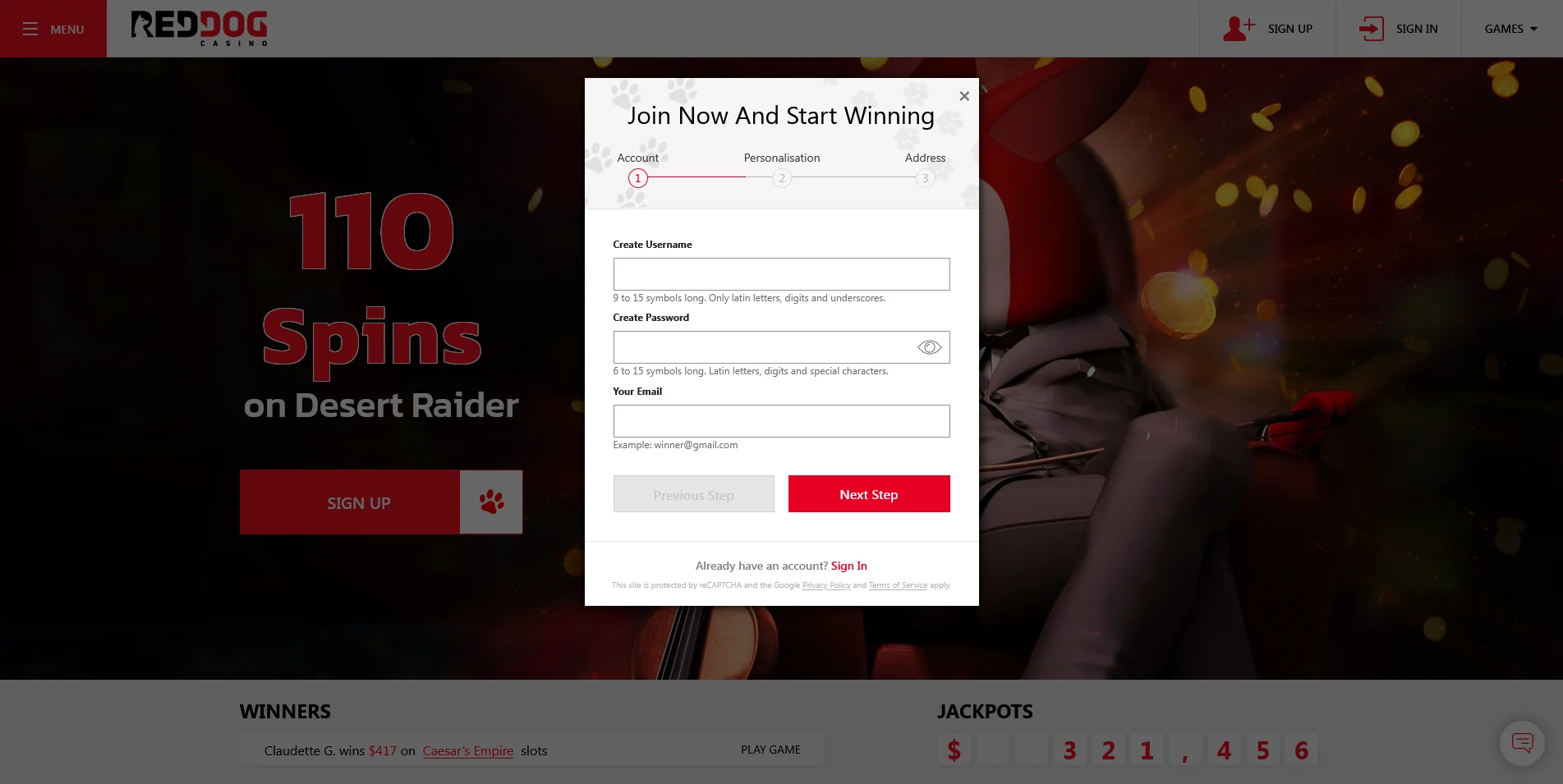 Registration Page Visual of RedDog Casino