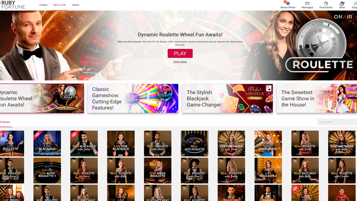Live Gaming Section on Ruby Fortune's Website